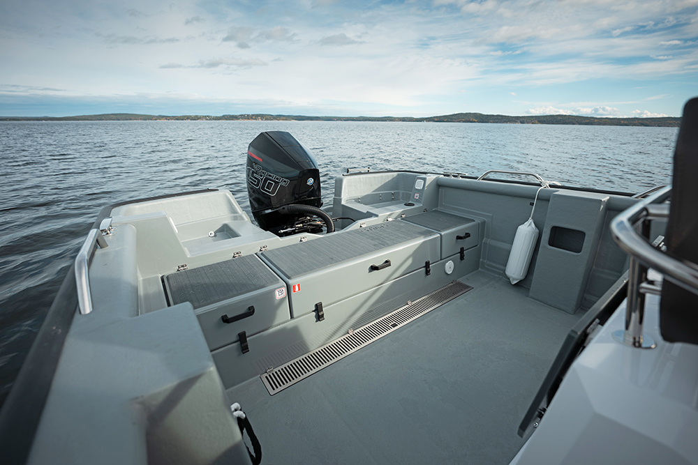 Aft deck of the Sting 725 Pro with lots of storage lockers