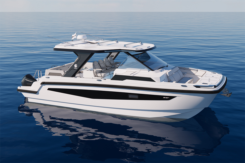 Aquila 35 Sport power catamaran with hardtop, bow seating and twin outboards on calm water.