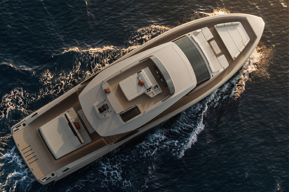 Bellini Astor 68 motor yacht cruising at sea, showing its flybridge, foredeck seating and spacious stern deck.