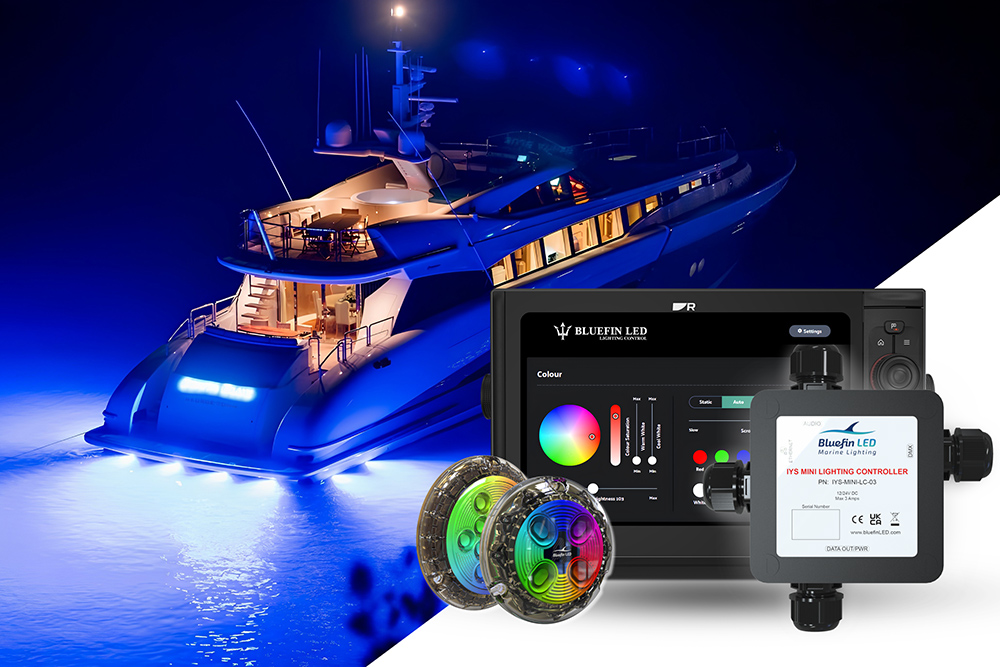 Superyacht with blue underwater lights beside Bluefin LED Pro-Link lights, Mini IYS controller and helm display