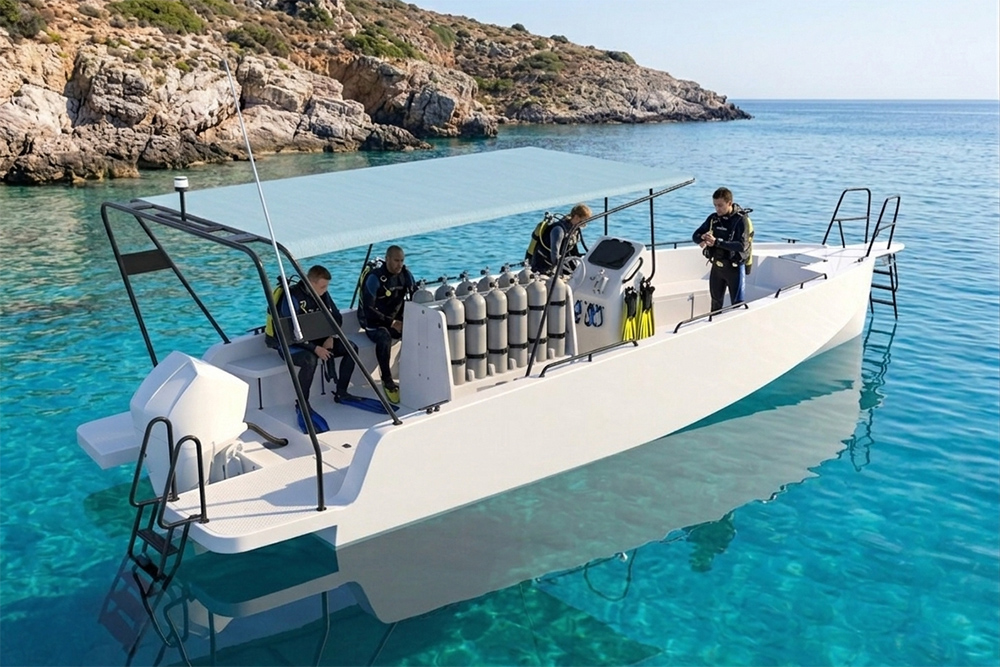 Divers prepare aboard a LOXO 30 OPEN in clear coastal water beside rocky cliffs