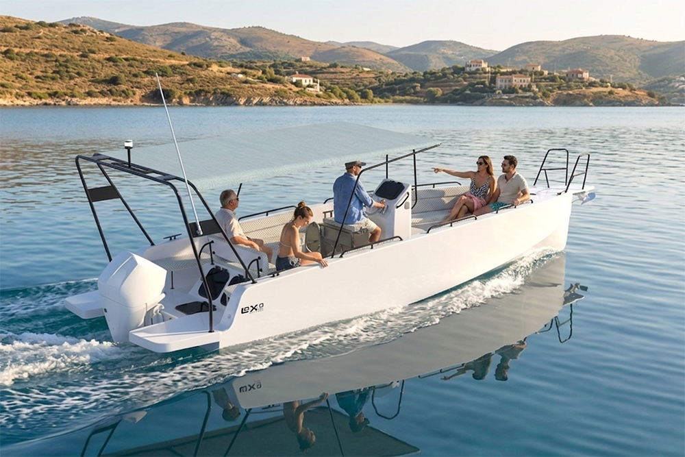 LOXO 30 OPEN carrying passengers on calm coastal water near hills
