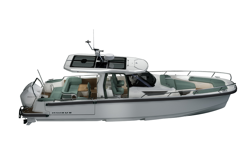Nimbus Sport Tender 35 side profile with open cockpit seating, T-top and twin outboard engines.