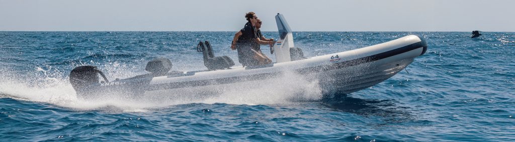 Explomar XNRG RIB at speed with two people onboard during Monaco Energy Challenge