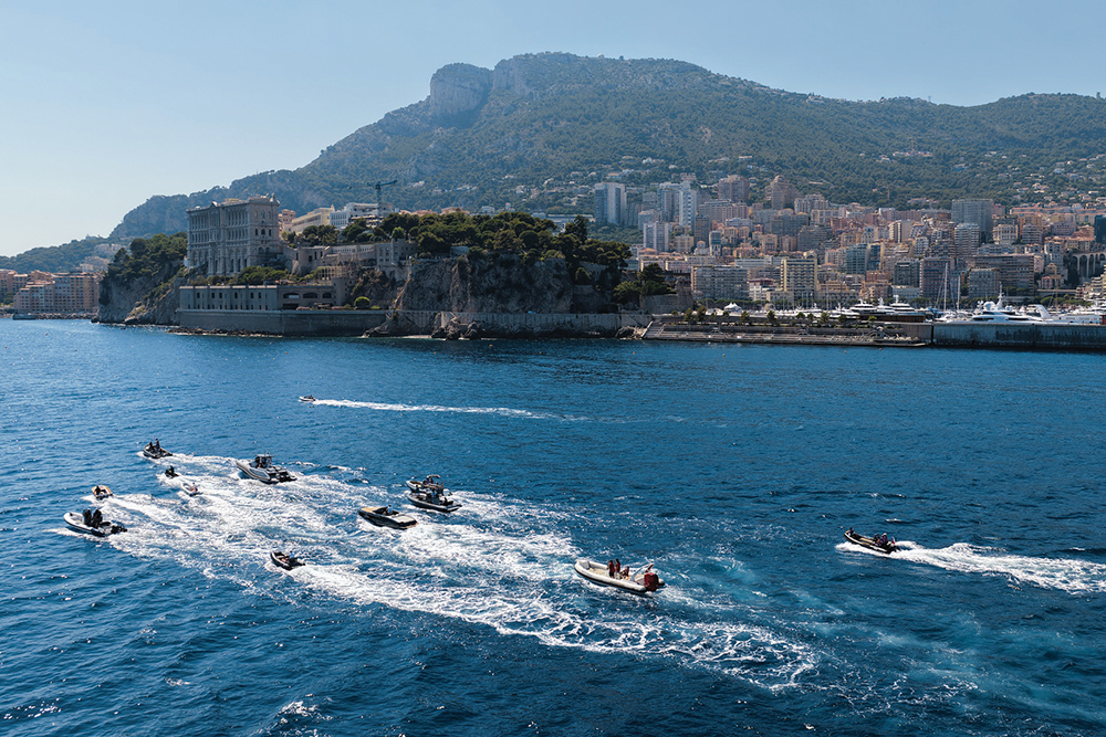 Pack of RIBs competing in Monaco Energy Boat Challenge underway in race
