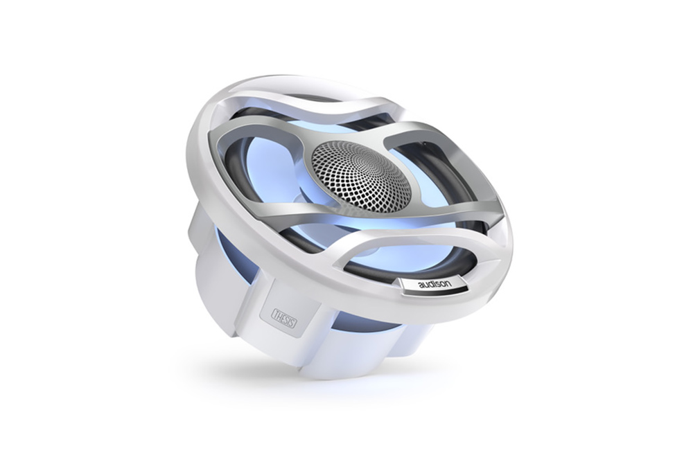 Audison Thesis marine coaxial speaker with double-wave grille, part of the new marine audio range.
