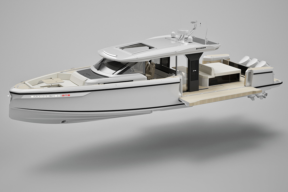 Saxdor 460 GTS open motorboat rendering with fold-down side terraces and triple outboard engines