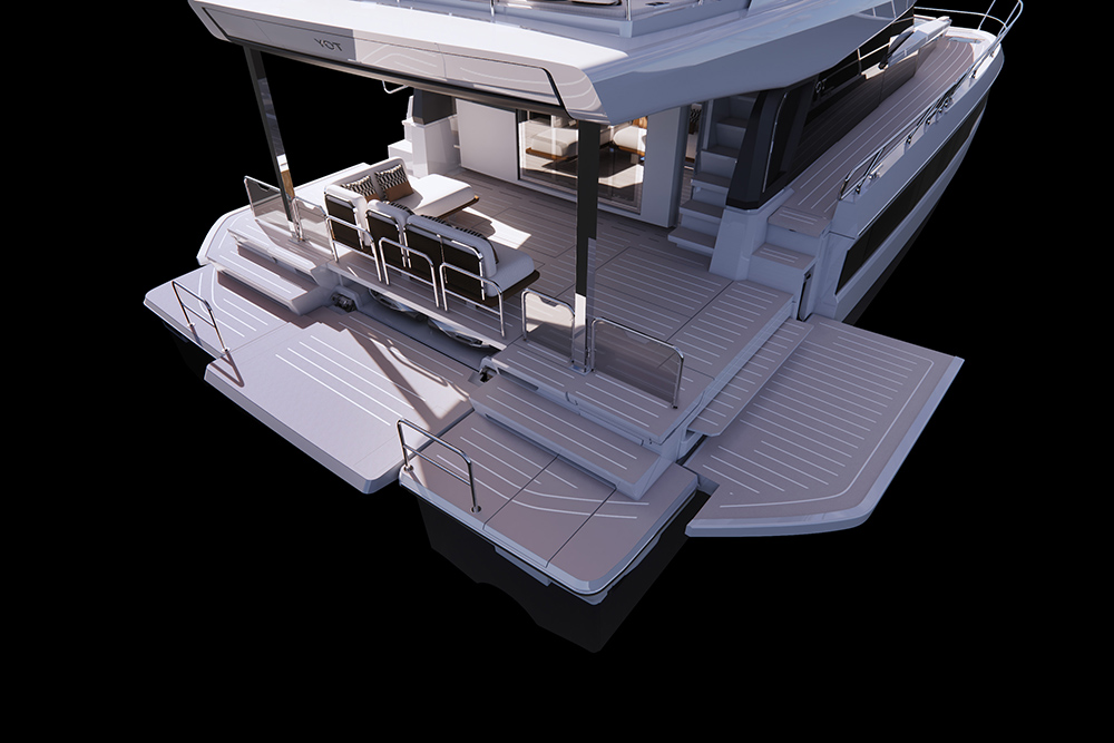 YOT53 catamaran aft cockpit with opening side platforms, lounge seating and stairs to the flybridge