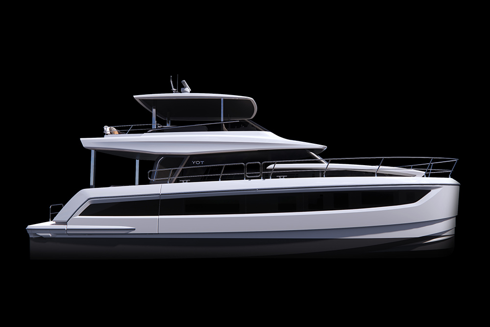 YOT53 power catamaran side profile showing twin-deck layout and open flybridge helm station