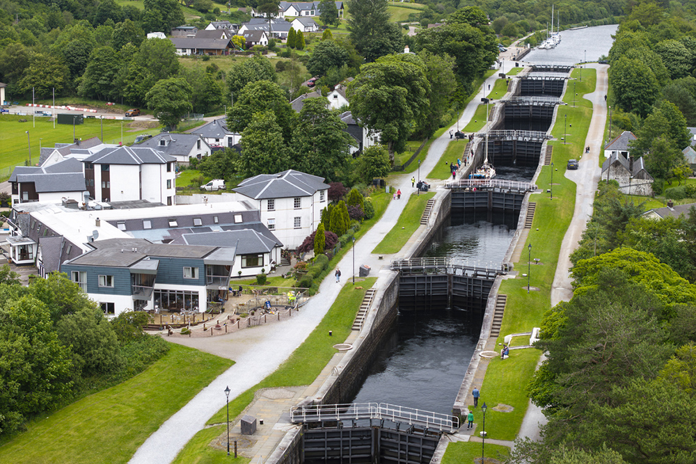 Neptune’s Staircase locks on the Caledonian Canal, viewed from above at Fort Augustus