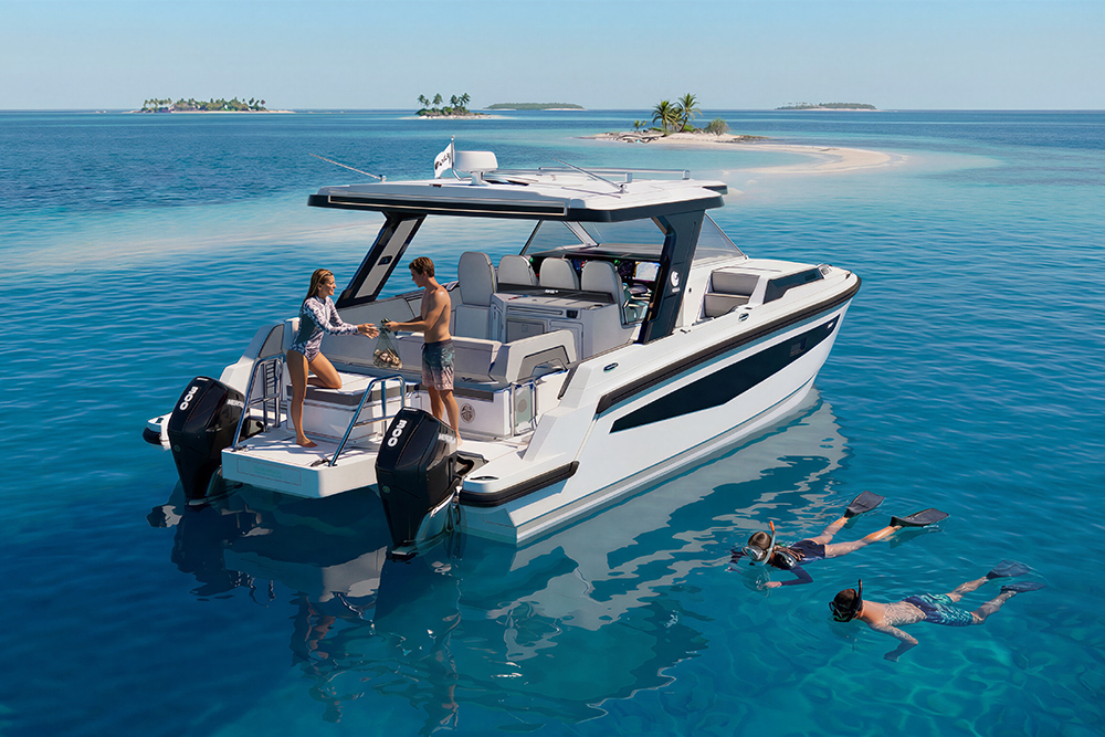 Aquila 35 Sport catamaran anchored off a tropical sandbar, with snorkelers in turquoise water and guests relaxing aboard.