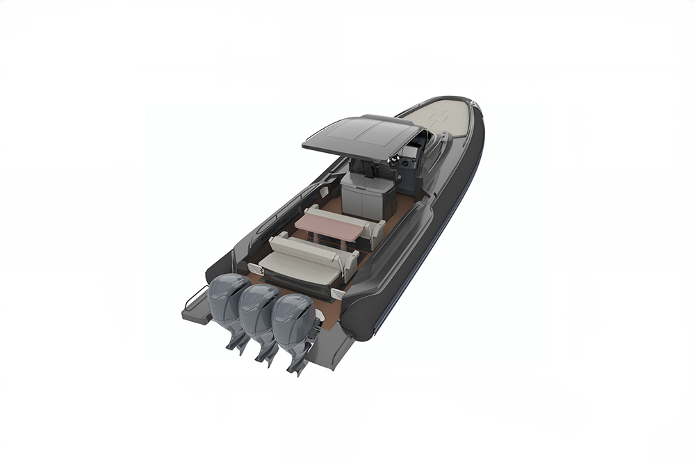 Overhead render of a maxi-RIB's social lounge deck with U-shaped seating, helm console and triple outboard engines