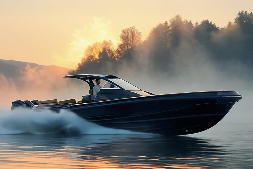 Dark-hulled RIB with triple outboard engines cruising calm water at sunrise, mist rising off a wooded shoreline