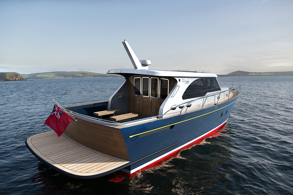 Duchy 45 at anchor, showing its teak bathing platform, aft cockpit seating and bifold saloon doors.