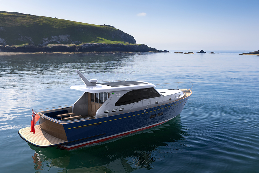 Cockwells Duchy 45 motor yacht cruising on calm coastal water beside a green, rocky shoreline