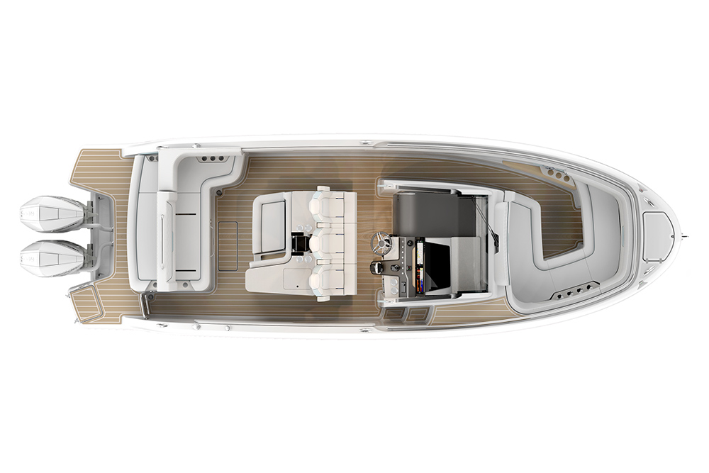 Overhead deck plan of a twin-outboard boat showing the bow lounge, helm console and teak-style deck layout.