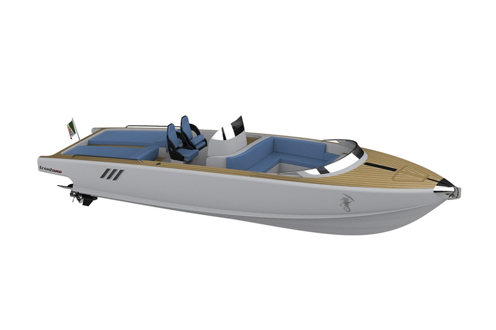 Levi Trentuno powerboat rendering with classic styling, open cockpit, teak decking and twin helm seats.