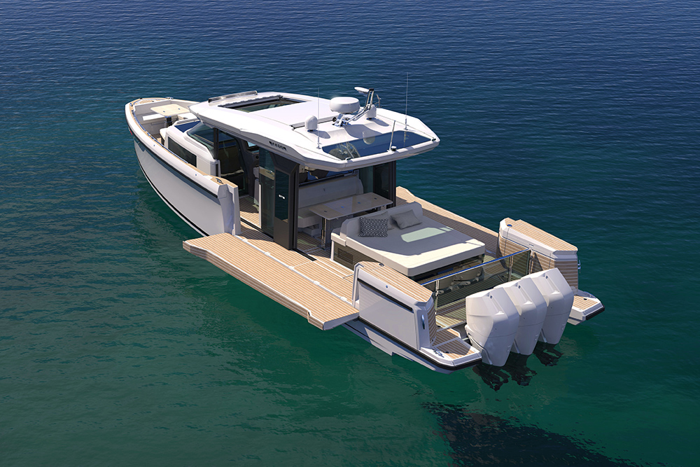 Saxdor 460 GTS flagship yacht from above, showing folding side terraces, teak deck and triple outboard engines.