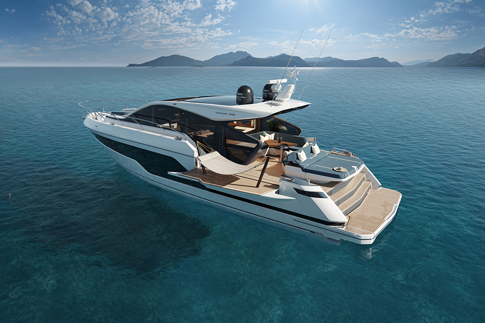 Fairline Targa 58 GTO motor yacht at anchor with open aft deck, fold-out balconies and coastal backdrop
