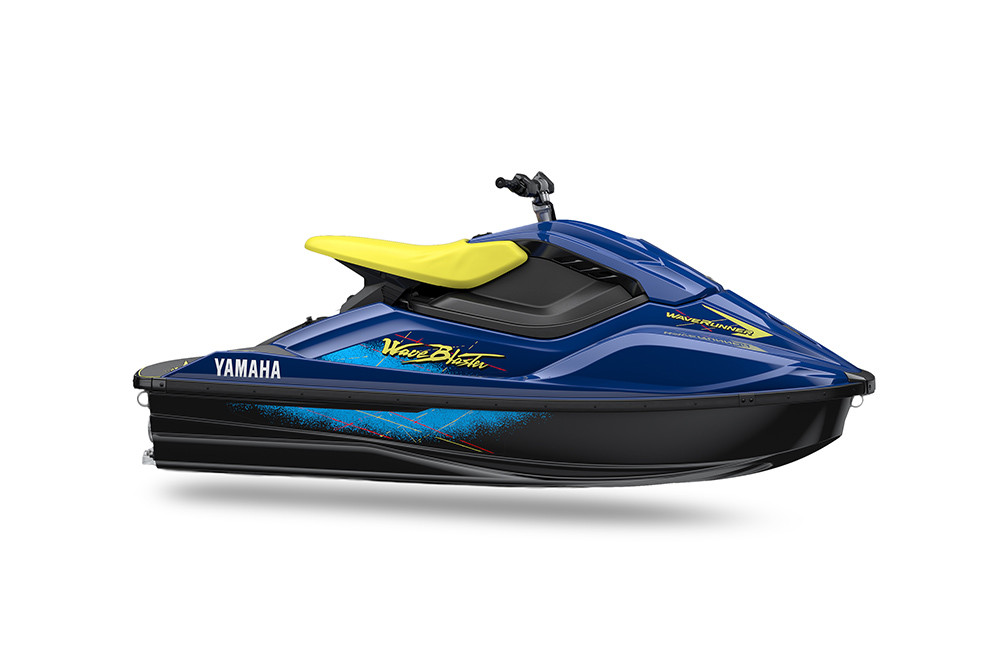 The 2027 Yamaha WaveBlaster WaveRunner in midnight blue and black with a yellow seat, side view.