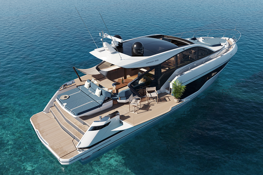 Fairline Targa 58GTO with side balconies down and a sun shade up