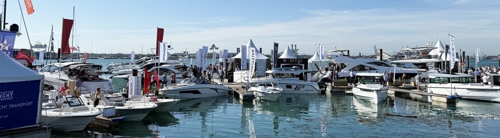 Boats moored up on the pontoons at Southampton boat show
