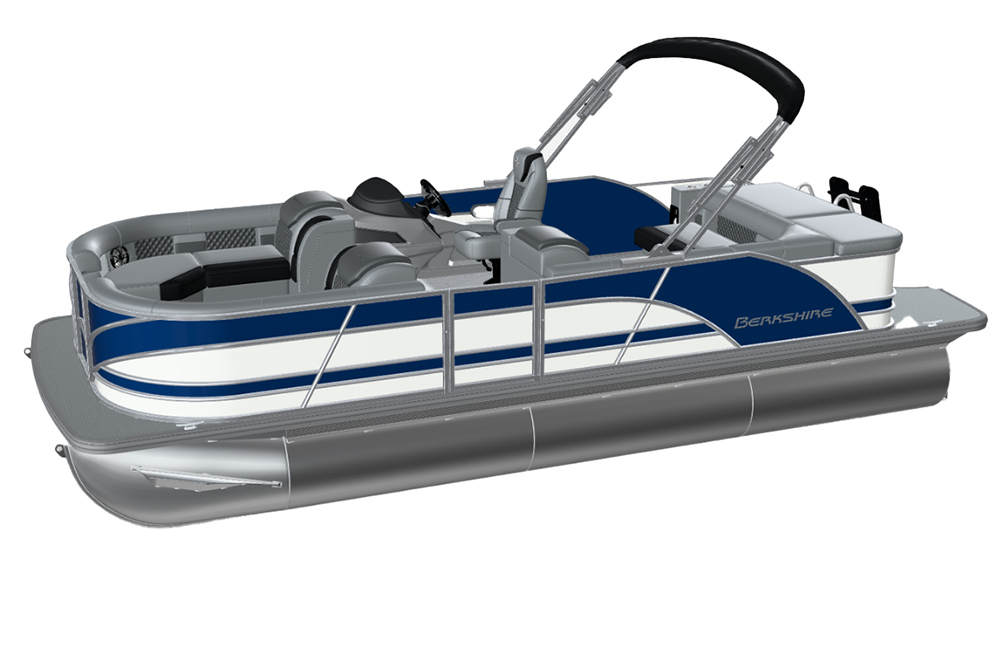 Berkshire pontoon boat 3D model showing navy hull, helm station and fold-down bimini top