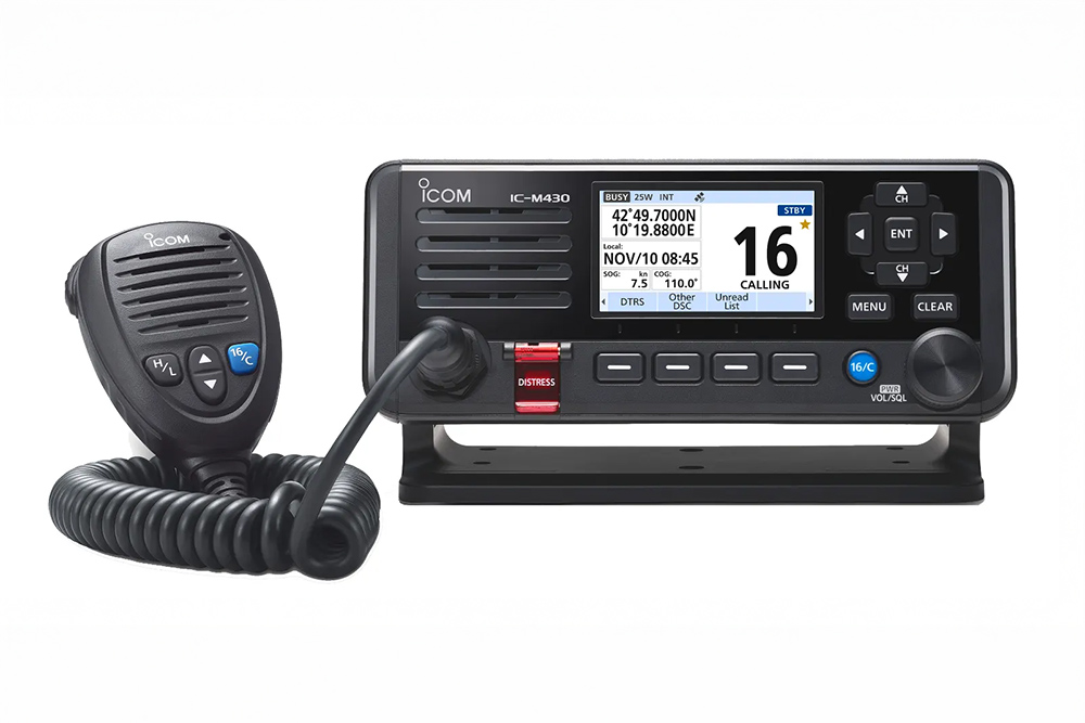 Icom IC-M430E fixed VHF/DSC marine radio with handset, colour display showing channel 16 and DSC status.