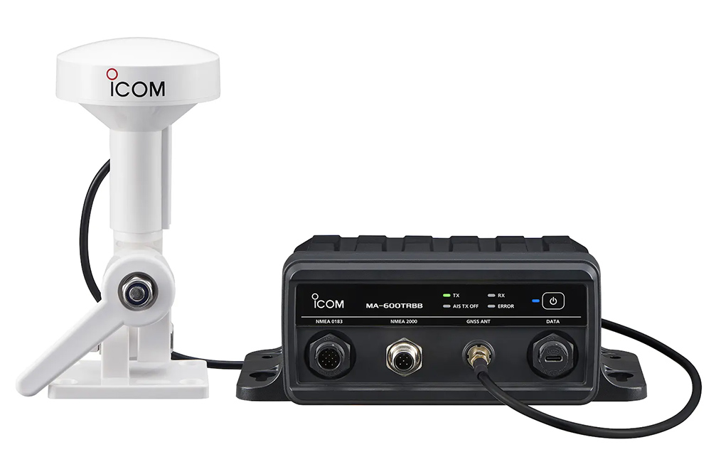 Icom MA-600TRBB black box AIS transponder with GNSS antenna, showing NMEA 0183, NMEA 2000 and data ports.