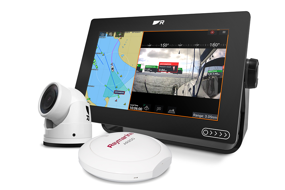 Raymarine CAM400 camera and AR200 sensor with an Axiom chartplotter showing AIS targets overlaid on live video