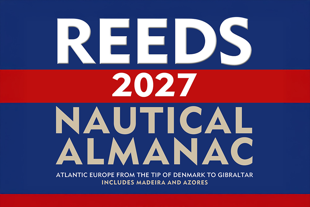 Reeds Nautical Almanac 2027 cover in navy, red and cream, covering Atlantic Europe from Denmark to Gibraltar