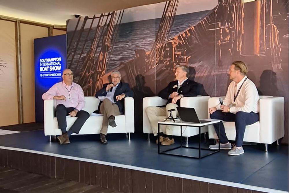 Marine industry panel discusses anti-pollution legislation on stage at Southampton International Boat Show 2026.
