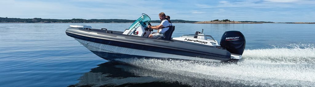 Nordkapp 6.3m Airborne RIB underway on a flat sea with two persons onboard