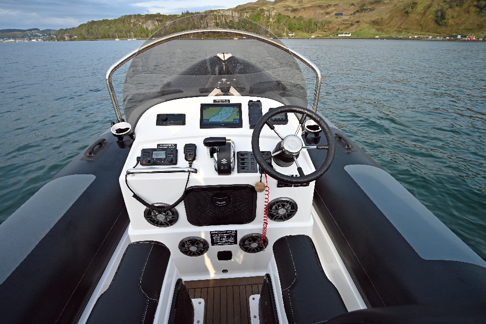 Redbay SF750 deck looking forward over the console, windscreen and black Hypalon tubes